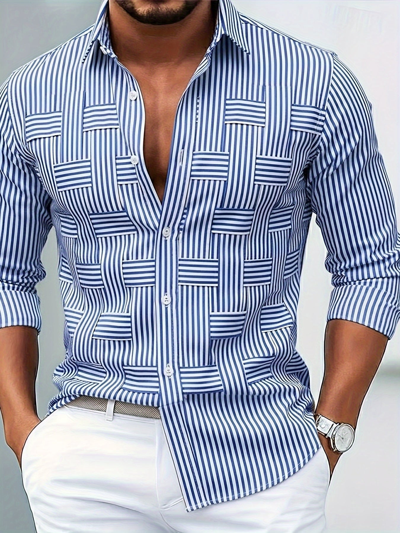 Elegant Blue Striped Silk Shirt for Women with Collar Long Sleeve Button Front Relaxed Style