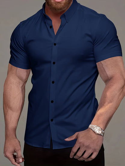 Effortless Stretch Button-Up Shirt for Women with Collar Short Sleeve Slim Fit Tailored Style