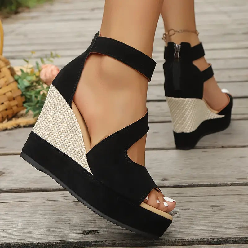 Comfortable Black Espadrille Wedge Sandals for Women with Buckle Ankle Strap Peep Toe Platform Style