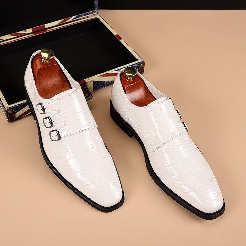 Elegant Croc Embossed Monk Strap Dress Shoes for Women with Triple Buckle Pointed Toe Textured Leather Formal Style