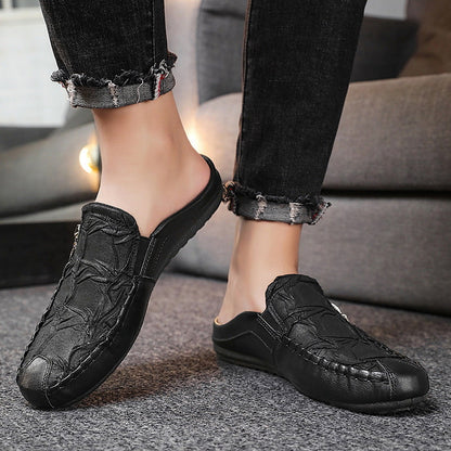 Effortless Leather Mule Loafer for Women with Backless Zipper Accent Hand Stitched Casual Style