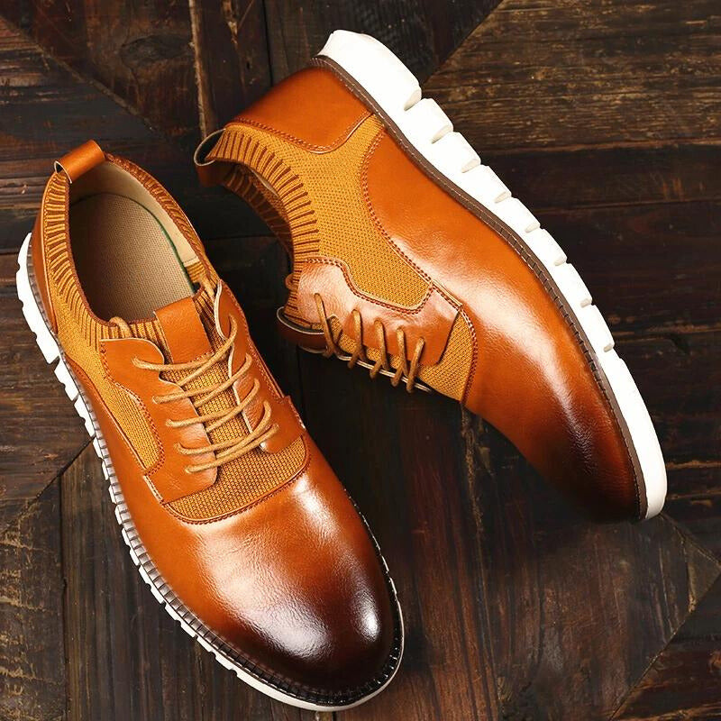 Stylish Leather Sneaker for Women with Round Toe Lace-Up Knit Panel Lug Sole Casual Style