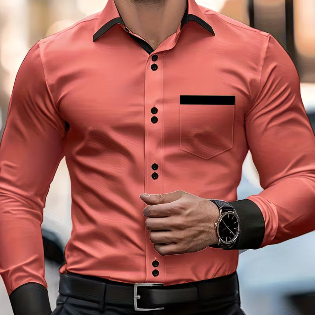 Elegant Contrast Trim Button Up Shirt for Women with Point Collar Long Sleeve Chest Pocket Relaxed Style