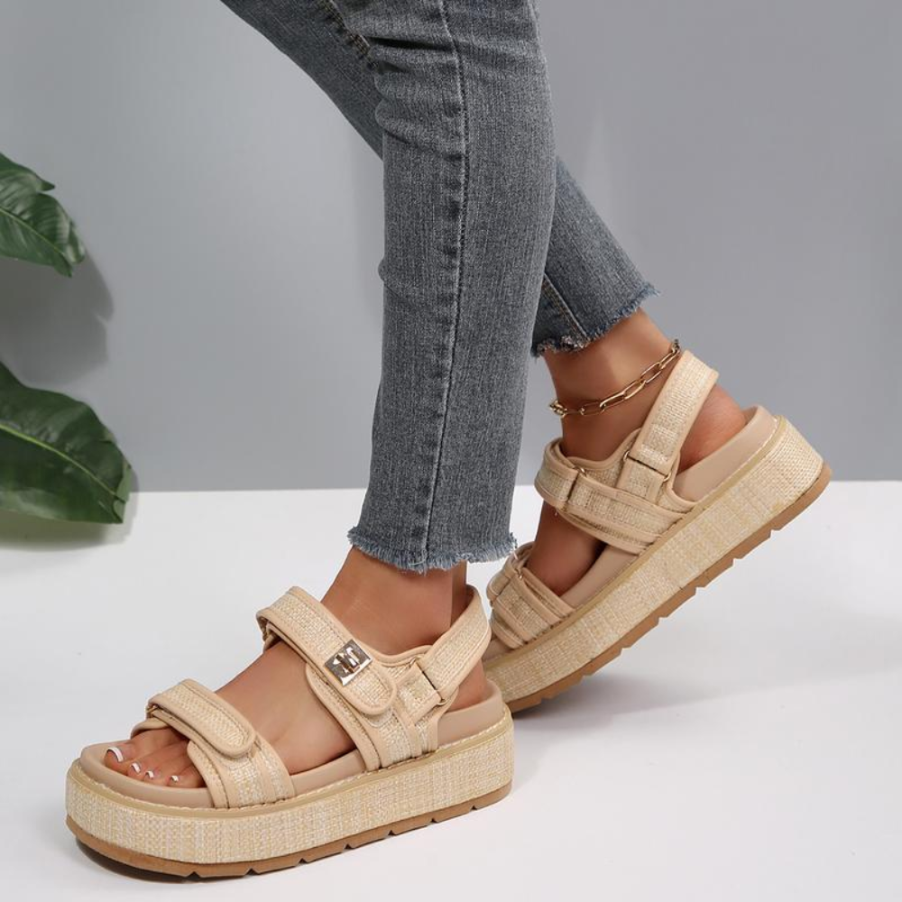 Stylish Platform Sandals for Women with Two Strap Ankle Buckle Woven Trim Chunky Style