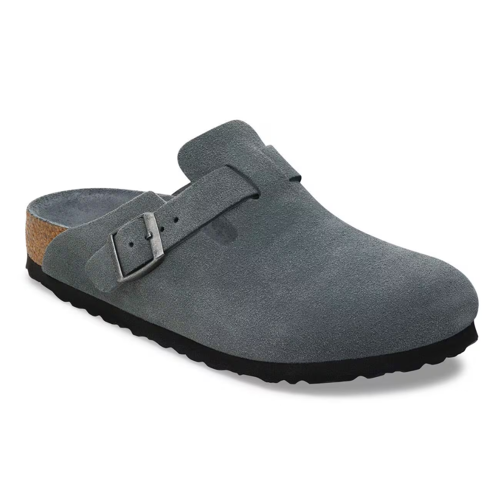 Comfortable Clogs for Women with Suede Upper Buckle Strap Contoured Cork Footbed Style