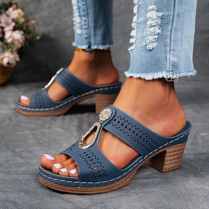 Comfortable Mules Heels for Women with Metal Ring Detail Block Heel Open Toe Slip On Style