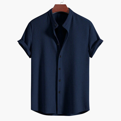 Effortless Textured Button Up Shirt for Women with Band Collar Short Sleeve Relaxed Casual Style