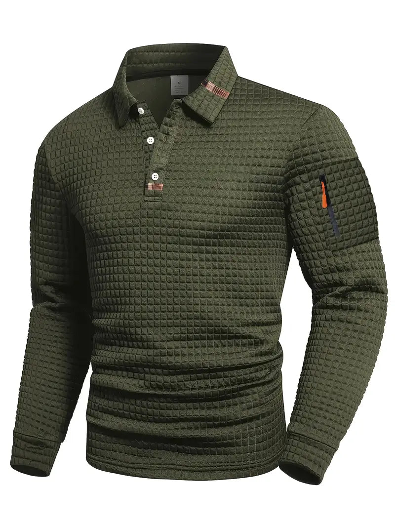 Effortless Waffle Knit Polo Shirt for Women with Collar Long Sleeve Zip Pocket Casual Style