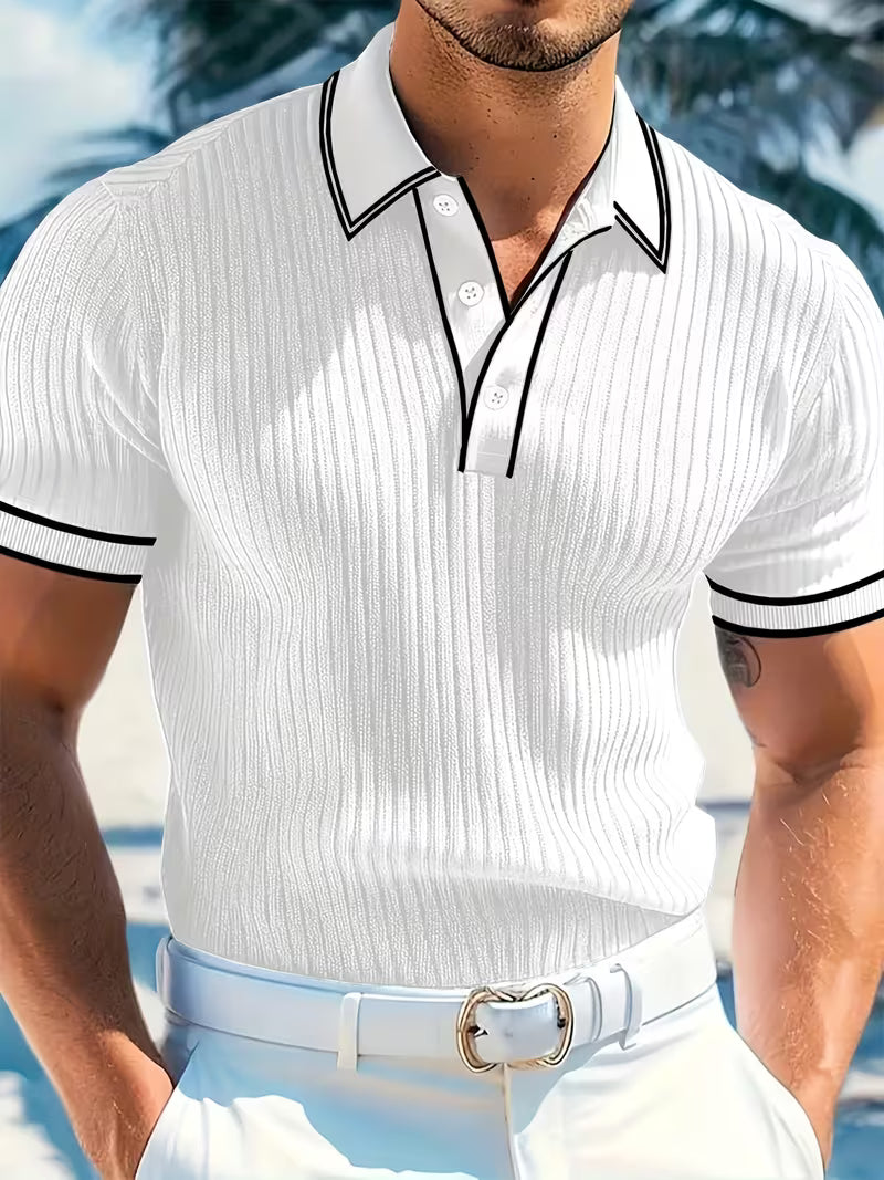 Stylish Ribbed Knit Polo Shirt for Women with Collar Short Sleeve Contrast Trim Casual Style