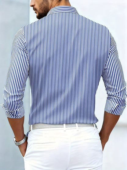 Elegant Blue Striped Silk Shirt for Women with Collar Long Sleeve Button Front Relaxed Style