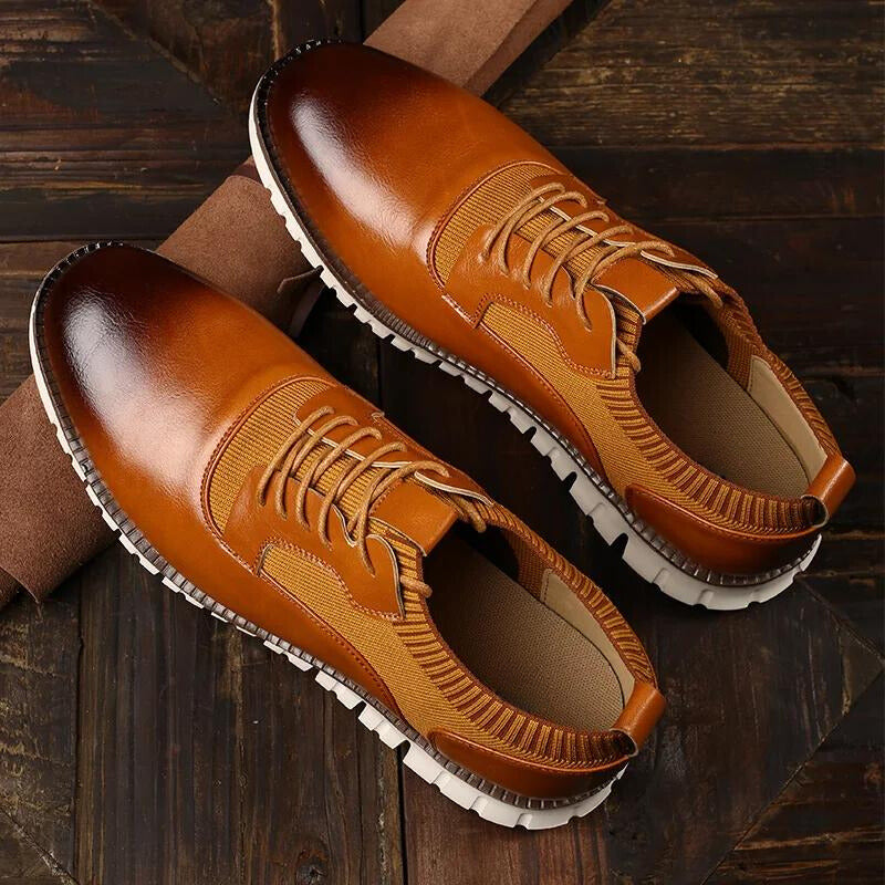 Stylish Leather Sneaker for Women with Round Toe Lace-Up Knit Panel Lug Sole Casual Style