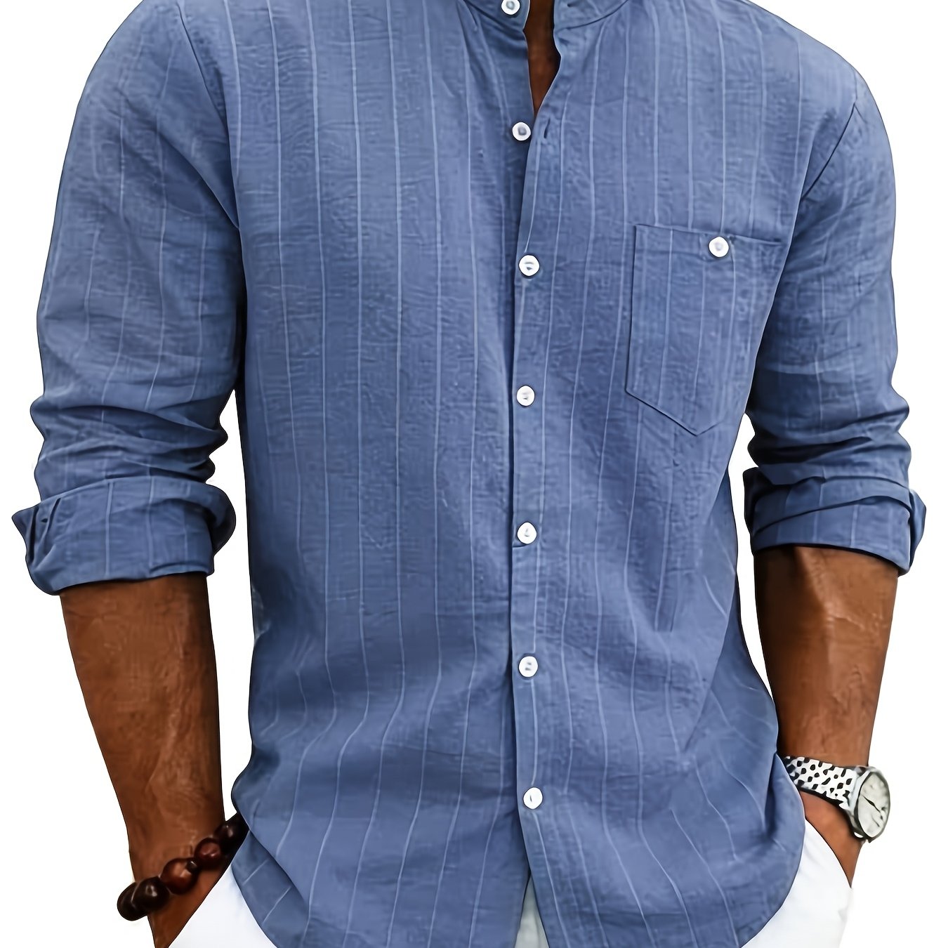 Effortless White Pinstripe Linen Shirt for Women with Band Collar Long Sleeve Button Front Relaxed Style