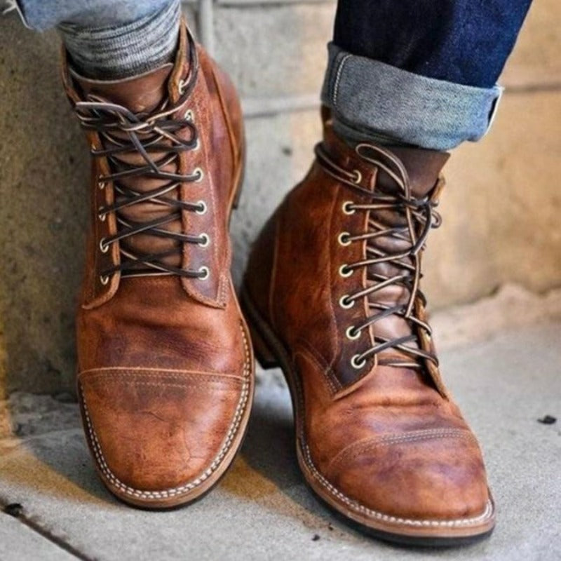 Elegant Brown Leather Ankle Boot for Women with Cap Toe Lace Up Vintage Style