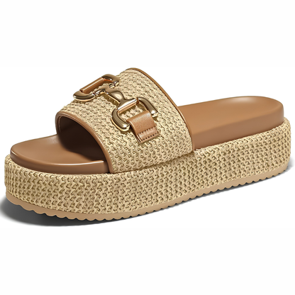 Comfortable Slide Sandals for Women with Woven Strap Gold Buckle Detail Platform Open Toe Style