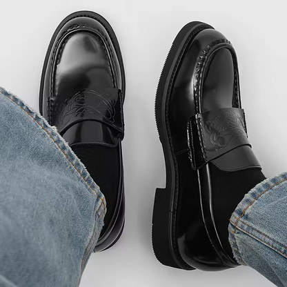 Stylish Black Embossed Leather Loafer for Women with Round Toe Penny Strap Chunky Platform Casual Style