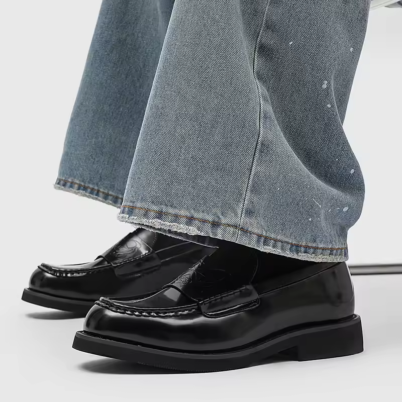 Stylish Black Embossed Leather Loafer for Women with Round Toe Penny Strap Chunky Platform Casual Style