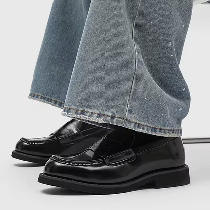 Stylish Black Embossed Leather Loafer for Women with Round Toe Penny Strap Chunky Platform Casual Style