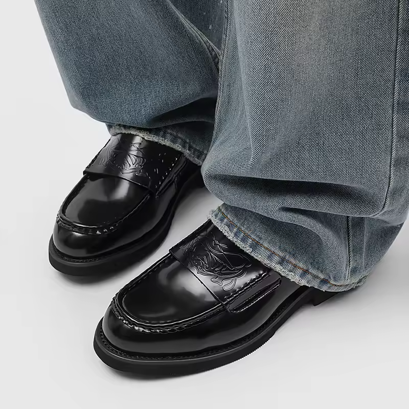 Stylish Black Embossed Leather Loafer for Women with Round Toe Penny Strap Chunky Platform Casual Style