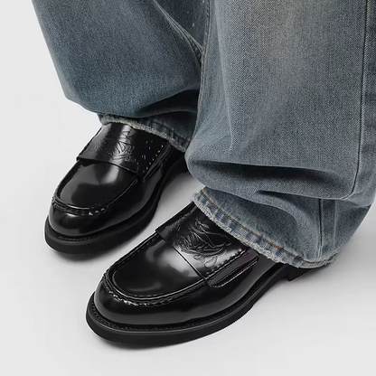 Stylish Black Embossed Leather Loafer for Women with Round Toe Penny Strap Chunky Platform Casual Style