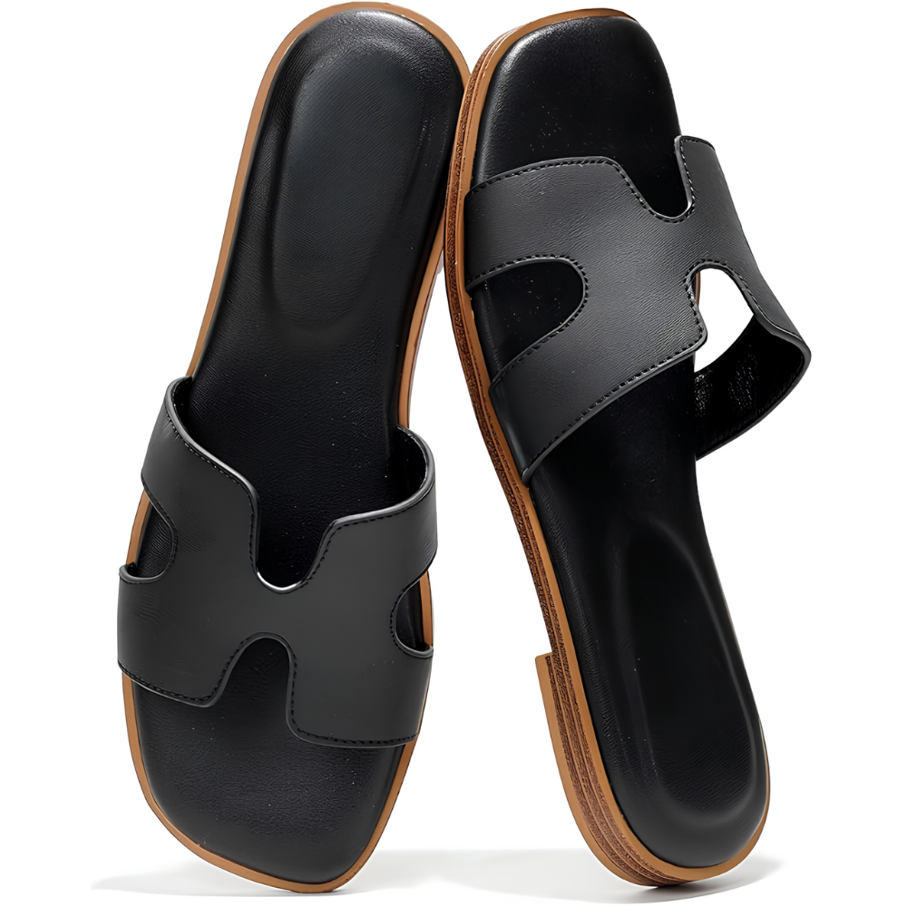 Comfortable Leather Sandals for Women with Cutout Strap Square Toe Flat Slide Style