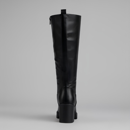 Elegant Knee High Boots for Women with Round Toe Side Zip Block Heel Leather Look Style