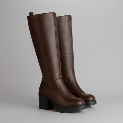 Elegant Knee High Boots for Women with Round Toe Side Zip Block Heel Leather Look Style