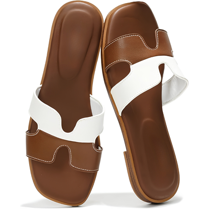 Comfortable Leather Sandals for Women with Cutout Strap Square Toe Flat Slide Style