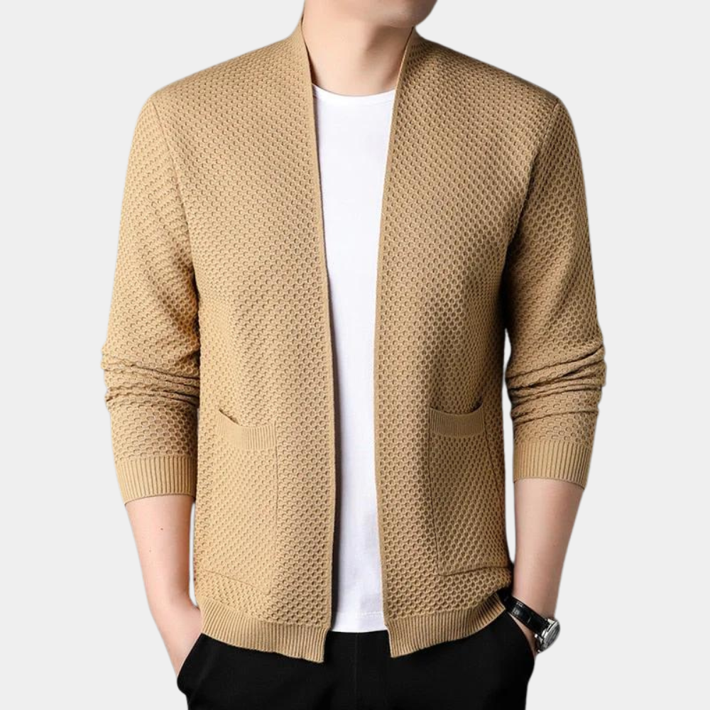 Comfortable Camel Knit Cardigan Sweater for Women with Open Front Long Sleeve Ribbed Trim Relaxed Oversized Knit Style