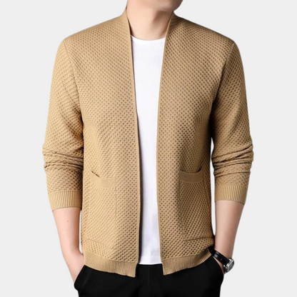 Comfortable Camel Knit Cardigan Sweater for Women with Open Front Long Sleeve Ribbed Trim Relaxed Oversized Knit Style