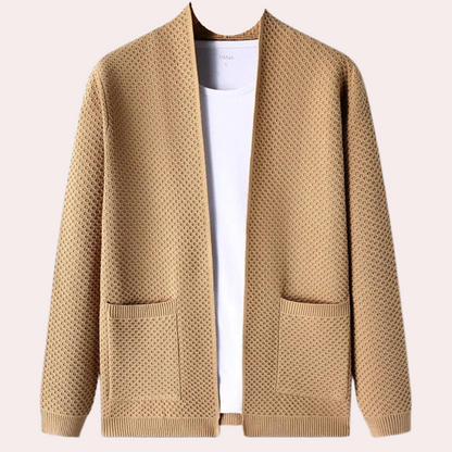 Comfortable Camel Knit Cardigan Sweater for Women with Open Front Long Sleeve Ribbed Trim Relaxed Oversized Knit Style