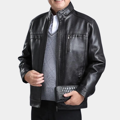 Elegant Brown Leather Jacket for Women with Stand Collar Long Sleeve Zip Pocket Fleece Lined Style