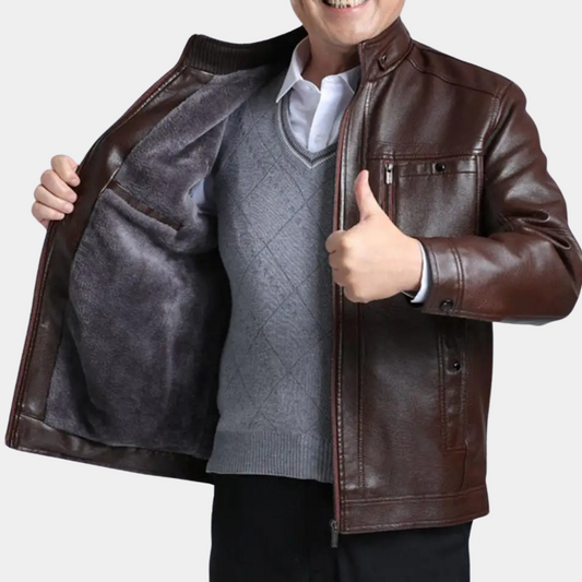 Elegant Brown Leather Jacket for Women with Stand Collar Long Sleeve Zip Pocket Fleece Lined Style