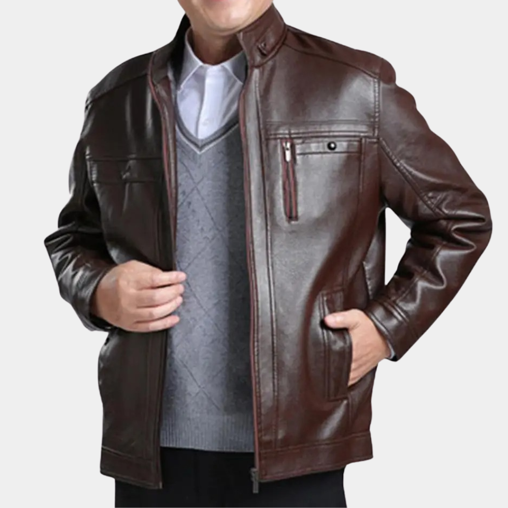 Elegant Brown Leather Jacket for Women with Stand Collar Long Sleeve Zip Pocket Fleece Lined Style