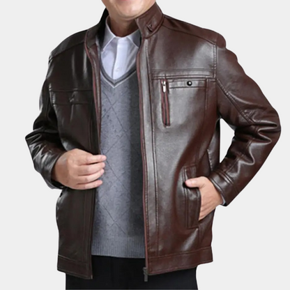 Elegant Brown Leather Jacket for Women with Stand Collar Long Sleeve Zip Pocket Fleece Lined Style