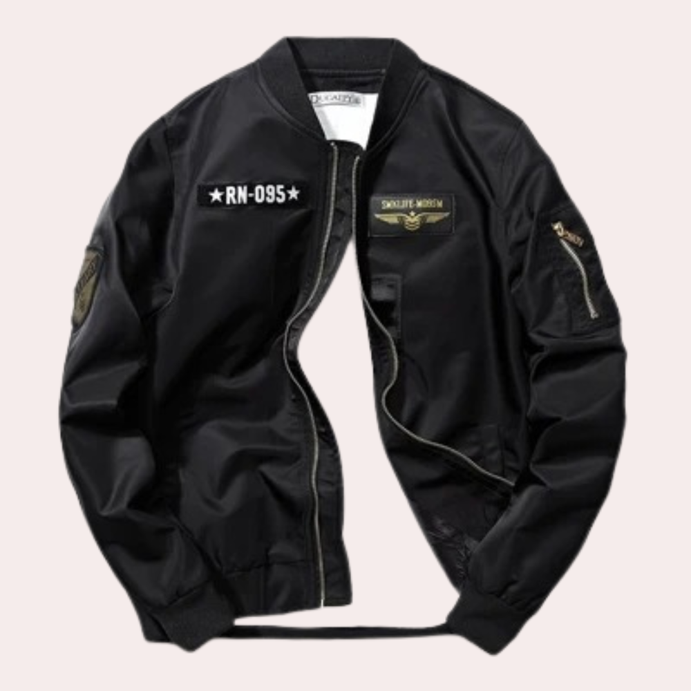 Stylish Black Bomber Jacket for Women with Ribbed Collar Long Sleeve Patch Detail Casual Style