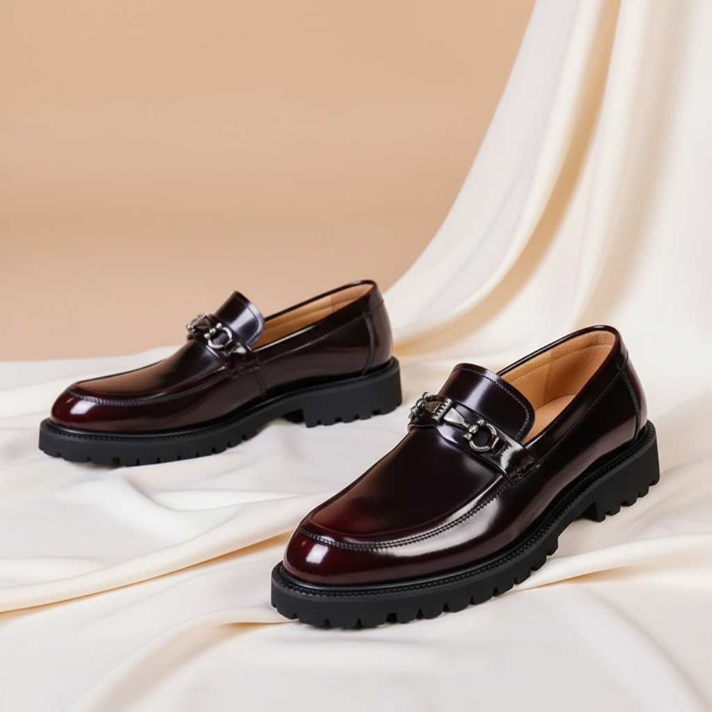 Elegant Leather Horsebit Loafer for Women with Round Toe Chunky Sole Buckle Detail Style