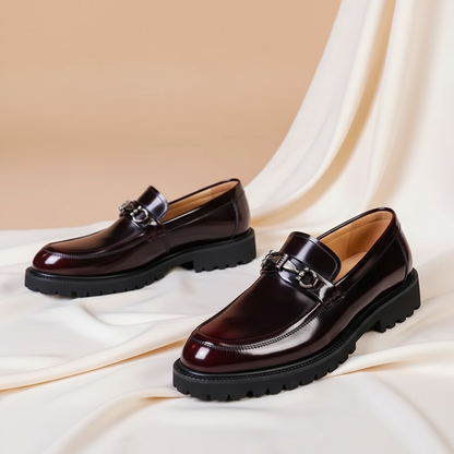 Elegant Leather Horsebit Loafer for Women with Round Toe Chunky Sole Buckle Detail Style