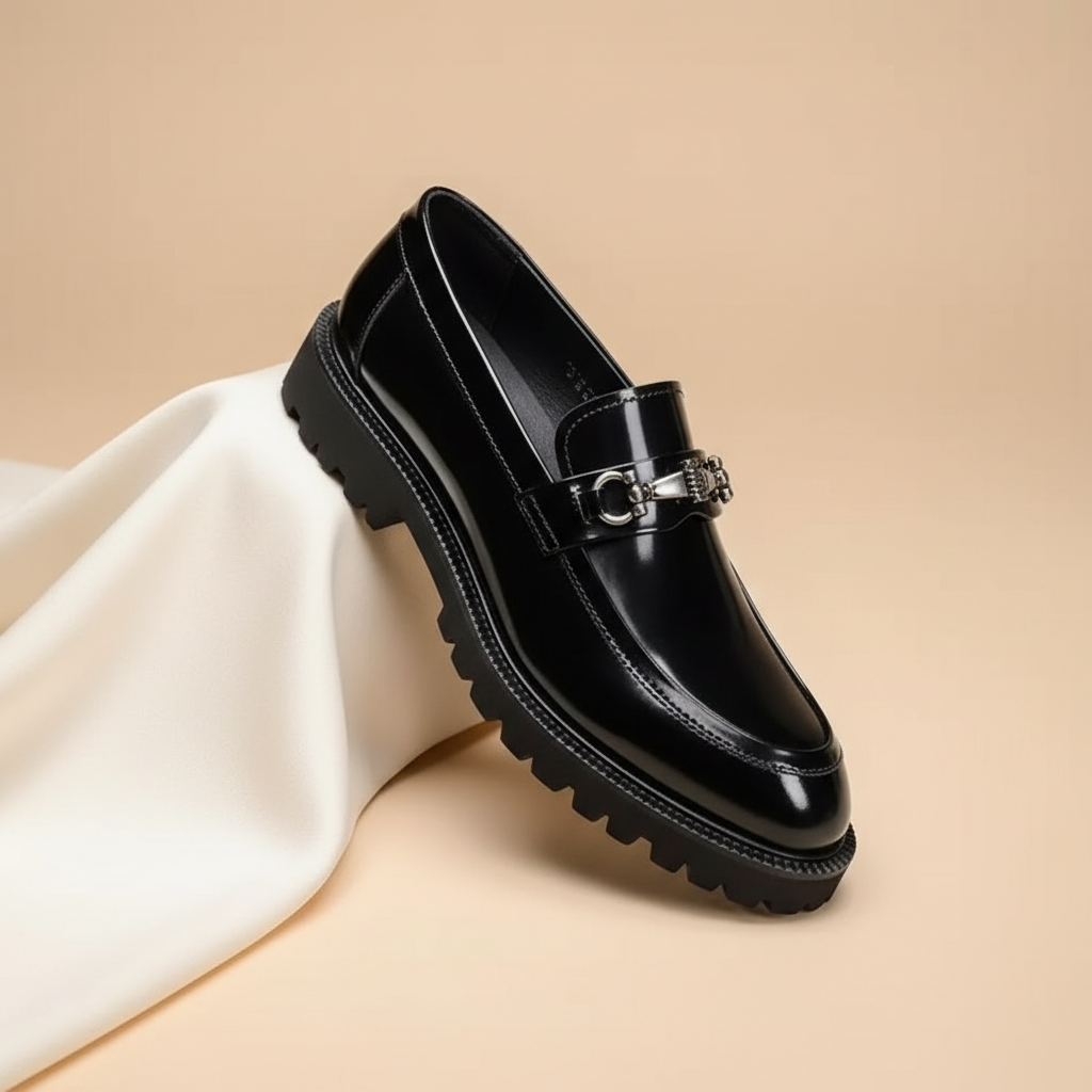 Elegant Leather Horsebit Loafer for Women with Round Toe Chunky Sole Buckle Detail Style