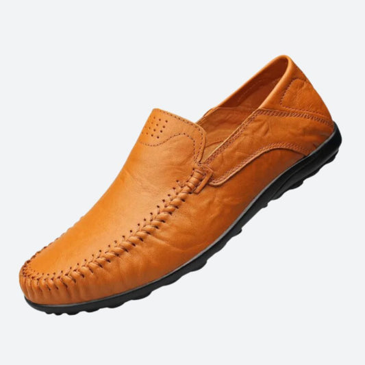 Effortless Tan Leather Loafers for Women with Slip On Hand Stitched Moc Toe Casual Style