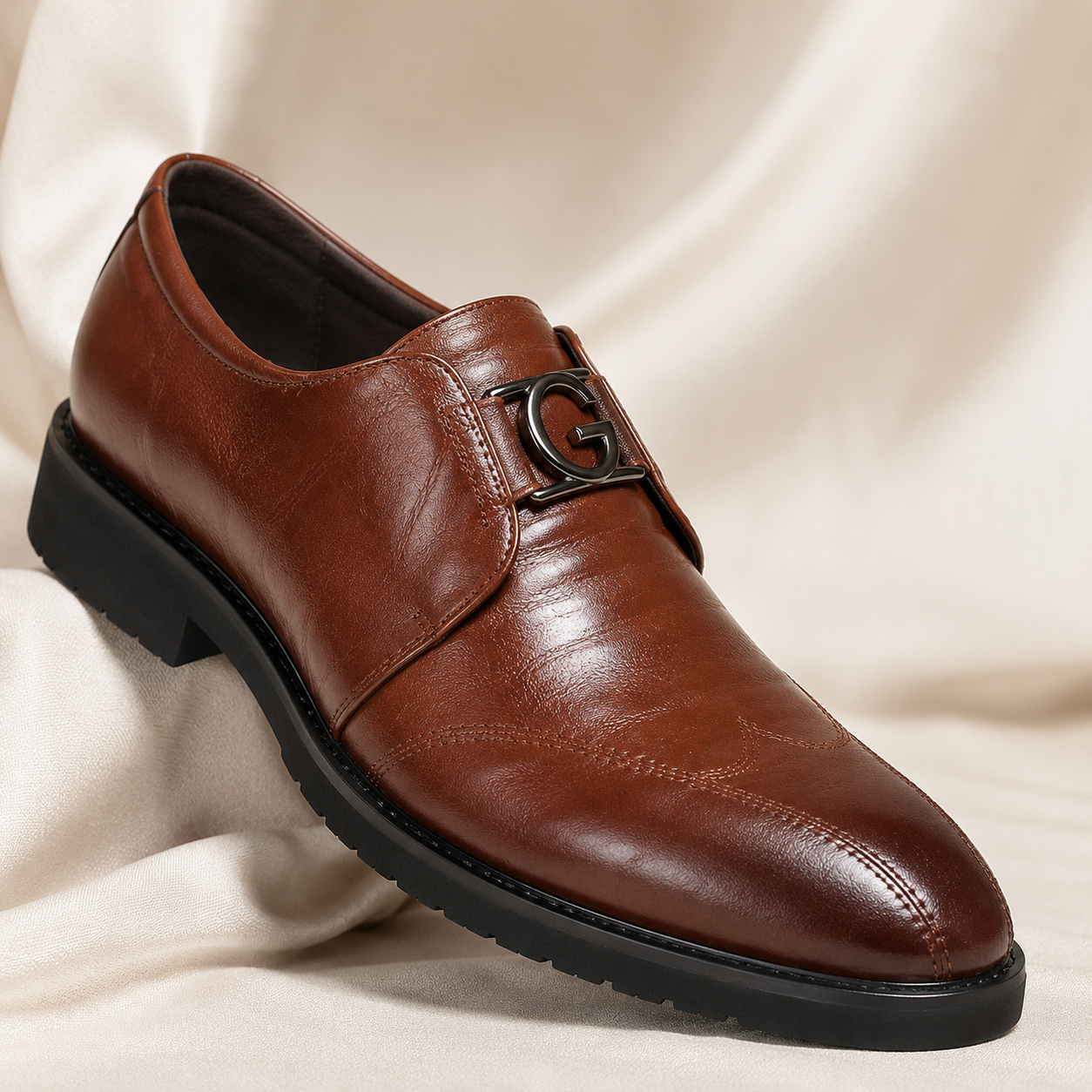 Elegant Leather Monk Strap Loafer for Women with Pointed Toe Wingtip Buckle Detail Style