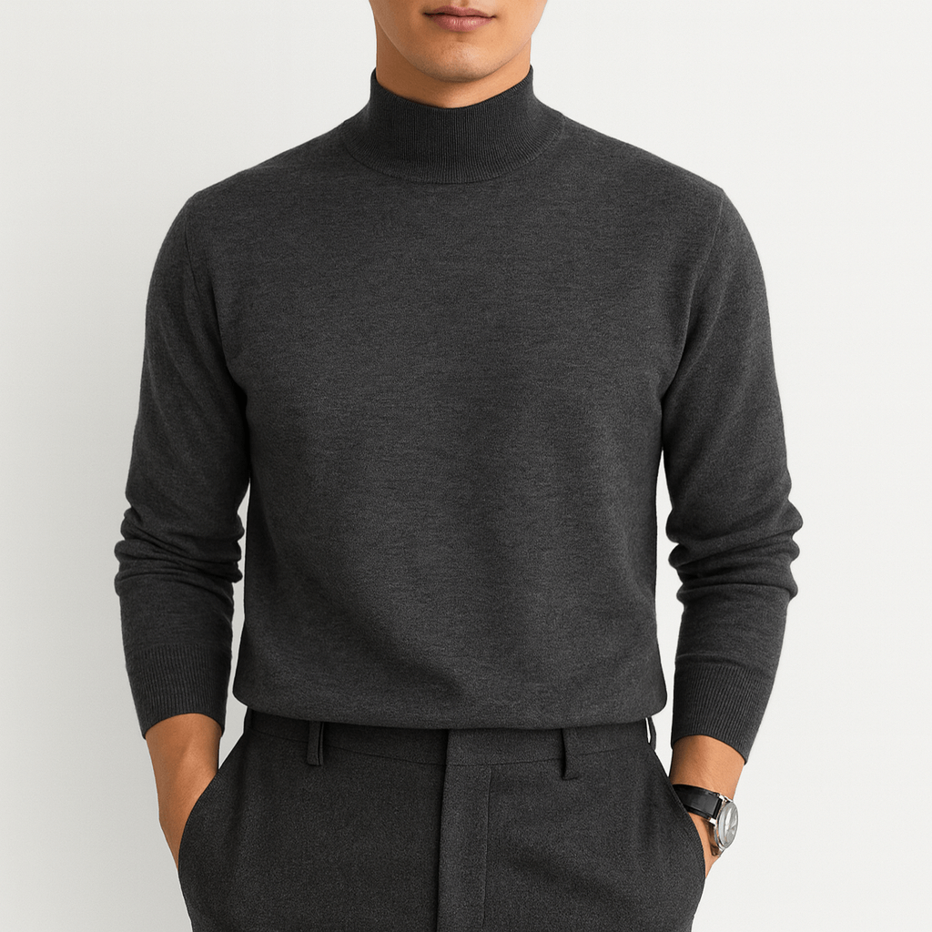 Comfortable Grey Ribbed Knit Sweater for Women with Mock Neck Long Sleeve Fitted Casual Style