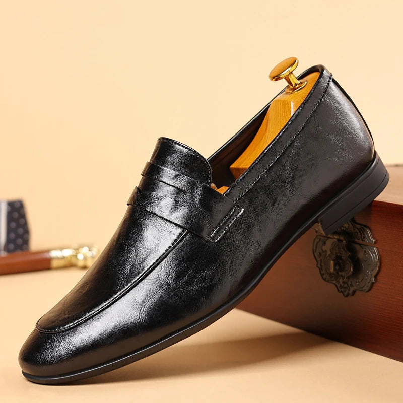 Elegant Leather Penny Loafers for Women with Strap Detail Round Toe Slip On Style