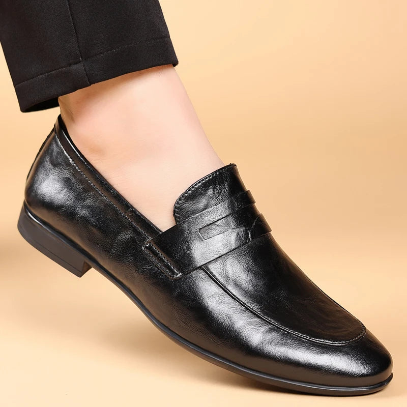 Elegant Leather Penny Loafers for Women with Strap Detail Round Toe Slip On Style