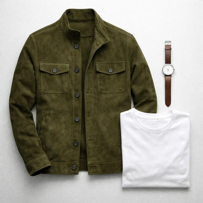 Elegant Suede Jacket for Women with Stand Collar Long Sleeve Button Front Casual Style