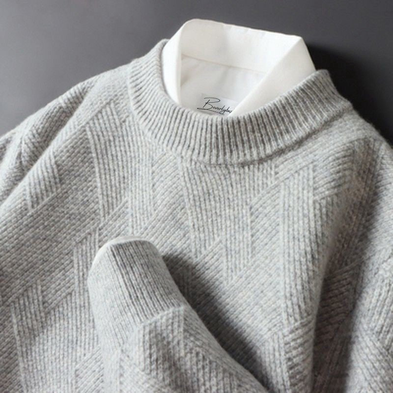 Comfortable Beige Textured Knit Sweater for Women with Crew Neck Long Sleeve Relaxed Oversized Style