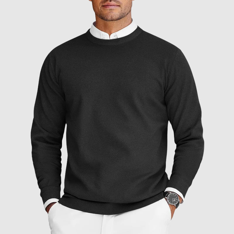 Comfortable Black Knit Sweater for Women with Crew Neck Long Sleeve Ribbed Cuff Relaxed Style
