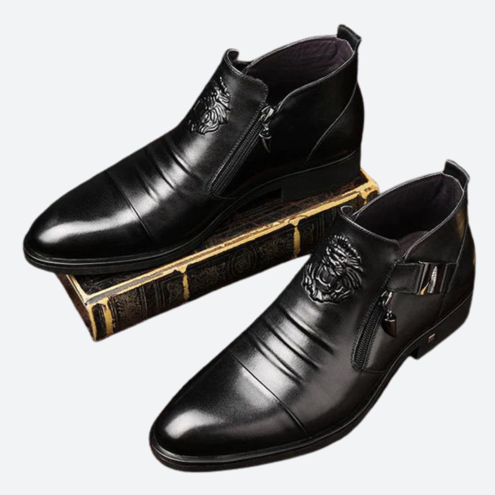 Elegant Black Leather Ankle Boots for Women with Side Zip Cap Toe Embossed Buckle Style