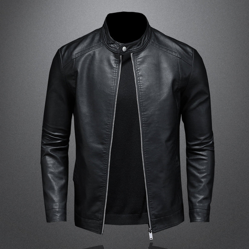 Elegant Black Leather Jacket for Women with Stand Collar Long Sleeve Zip Front Slim Fit Moto Style
