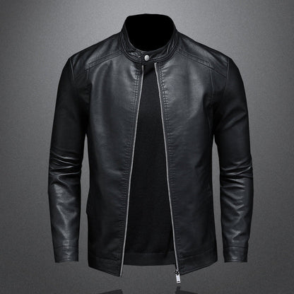 Elegant Black Leather Jacket for Women with Stand Collar Long Sleeve Zip Front Slim Fit Moto Style