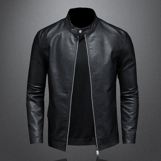 Elegant Black Leather Jacket for Women with Stand Collar Long Sleeve Zip Front Slim Fit Moto Style